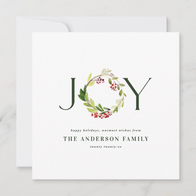 Modern watercolor botanical joy chic elegant holiday card (Front)