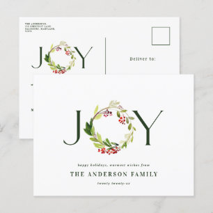 Modern watercolor botanical joy elegant holiday postcard