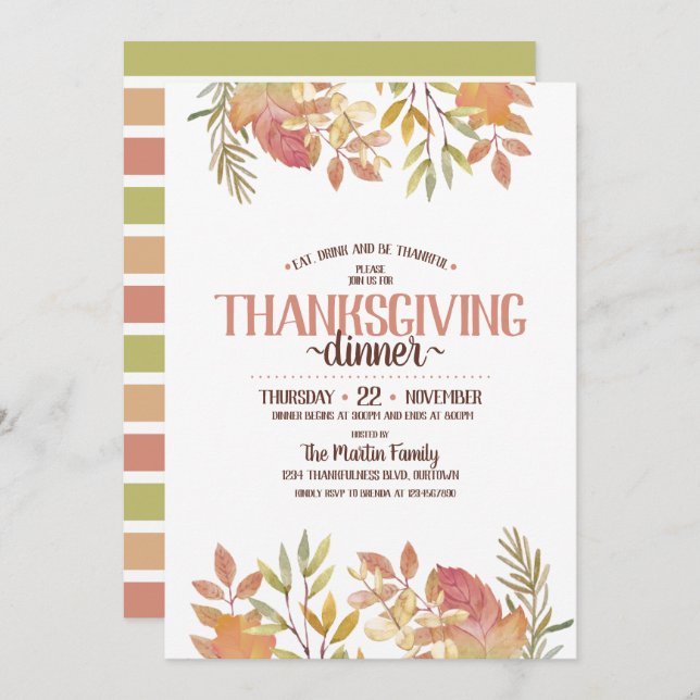 Modern Watercolor Botanical Thanksgiving Dinner Invitation (Front/Back)