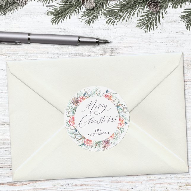 Modern Watercolor Botanicals Merry Christmas Classic Round Sticker (Mockup View)