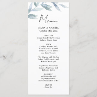Modern watercolor branch. Airy Wedding Menu Card