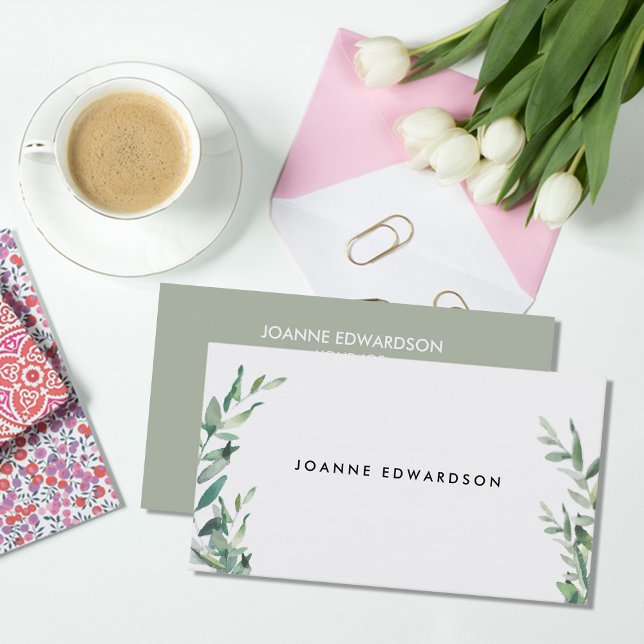 Modern watercolor branch wreath professional business card (Modern rustic watercolor leaves, professional elegant business card.)