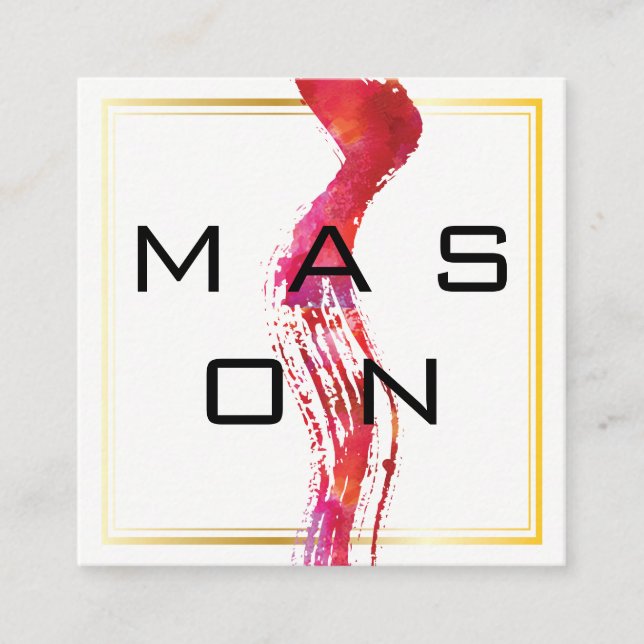 Modern Watercolor brush Gold Frame Square Business Card (Front)
