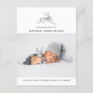 Modern Watercolor Bunny Photos Birth Announcement Postcard