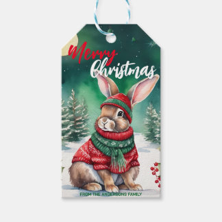 Modern watercolor Bunny rabbit Christmas tree Snow Gift Tags