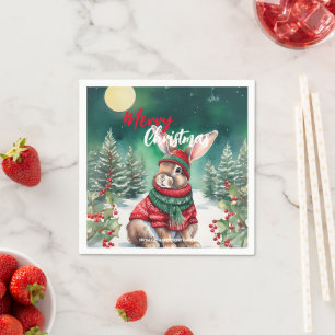 Modern watercolor Bunny rabbit Christmas tree Snow Napkin