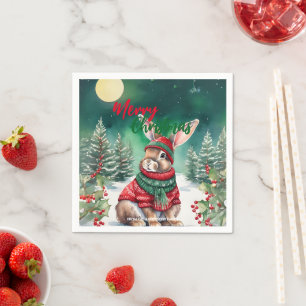 Modern watercolor Bunny rabbit Christmas tree Snow Napkin
