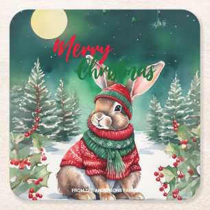 Modern watercolor Bunny rabbit Christmas tree Snow Square Paper Coaster