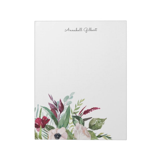 Modern Watercolor Burgundy Blush Floral Greenery Notepad (Rotated)