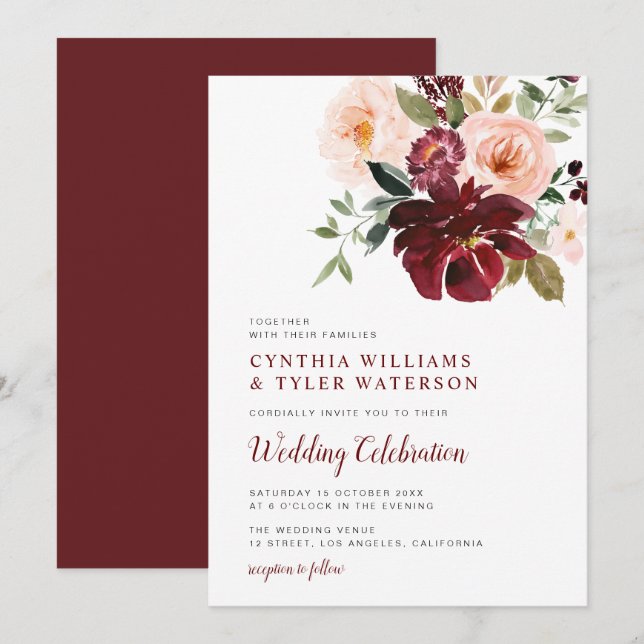 Modern watercolor burgundy & blush floral wedding invitation (Front/Back)