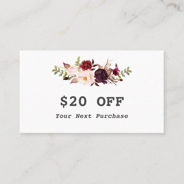 Modern Watercolor Burgundy Floral Makeup Artist Discount Card (Front)