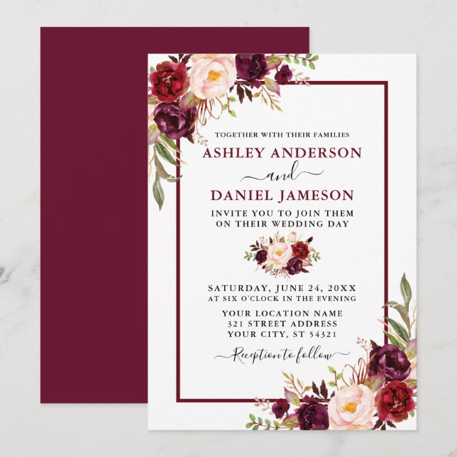 Modern Watercolor Burgundy Floral Wedding Invitation (Front/Back)