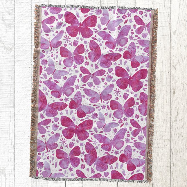 Modern Watercolor Butterfly Hot Pink Throw Blanket (Magenta hot pink butterfly watercolor pattern cozy throw blanket)