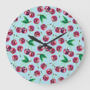 Modern Watercolor Cherries: Juicy Berry Pattern Large Clock