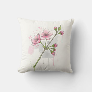 Modern Watercolor Cherry Blossom Branch Cushion