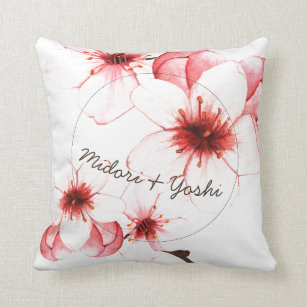 Modern Watercolor Cherry Blossom Wedding Cushion
