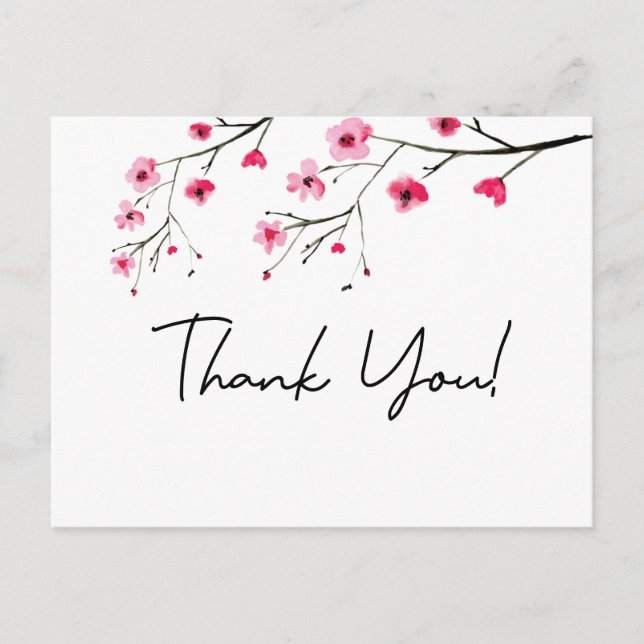 Modern watercolor cherry blossom wedding thank you postcard (Front)