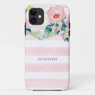 MODERN Watercolor Chic Wide Stripes w Roses iPhone 11 Case