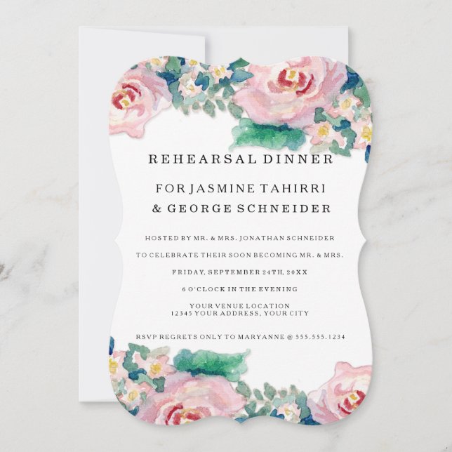 MODERN Watercolor Chic Wide Stripes w Roses Invitation (Front)