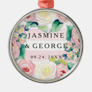 MODERN Watercolor Chic Wide Stripes w Roses Metal Tree Decoration