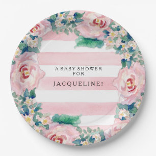 MODERN Watercolor Chic Wide Stripes w Roses Paper Plate
