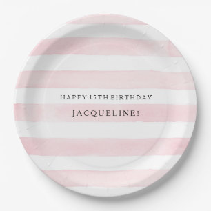 MODERN Watercolor Chic Wide Stripes w Roses Paper Plate