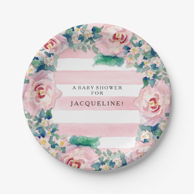 MODERN Watercolor Chic Wide Stripes w Roses Paper Plate (Front)