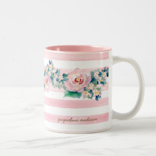 MODERN Watercolor Chic Wide Stripes w Roses Two-Tone Coffee Mug