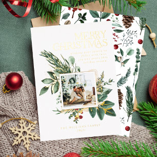 Modern Watercolor Christmas Botanical One Photo Foil Holiday Card