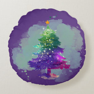 Modern Watercolor Christmas colorful Pine Tree Round Cushion