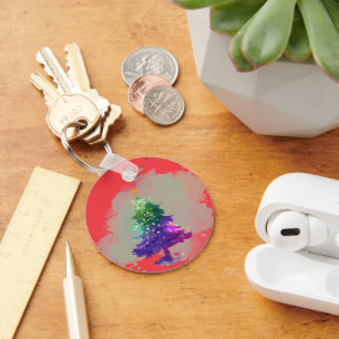 Modern Watercolor Christmas colourful Pine Tree Key Ring