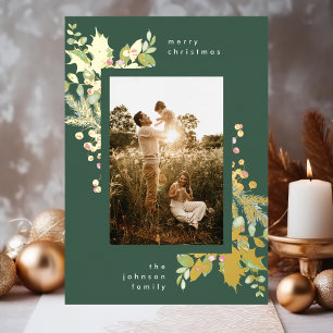 Modern Watercolor Christmas Florals Green and Gold Foil Holiday Card
