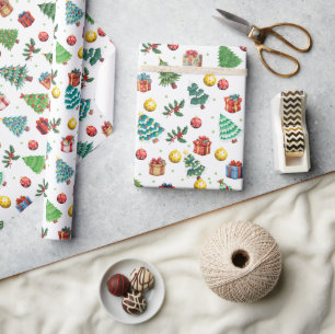 Modern Watercolor Christmas Gifts Green Tree  Wrapping Paper