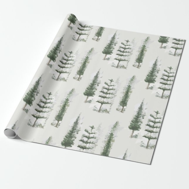 Modern Watercolor Christmas Green Pine Gift Wrapping Paper (Unrolled)