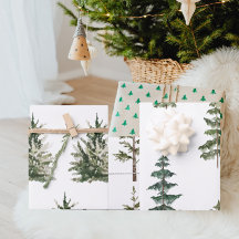 Modern Watercolor Christmas Green Pine Tree Wrappi
