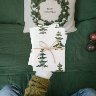 Modern Watercolor Christmas Green Pine Tree Wrapping Paper Sheet