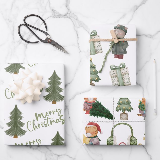 Modern Watercolor Christmas Green Pine Tree Wrapping Paper Sheet (Front)