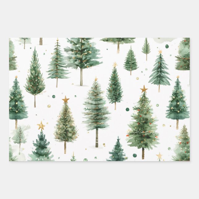 Modern Watercolor Christmas Green Tree Wrapping Paper Sheet (Front 2)