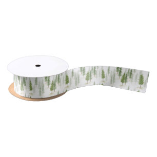 Modern Watercolor Christmas Holiday Green Trees Satin Ribbon