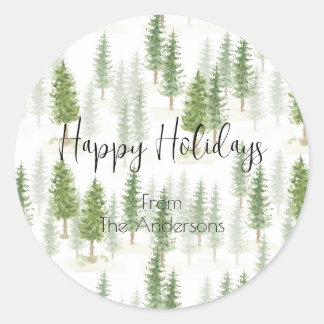 Modern Watercolor Christmas Holiday Pine Trees Classic Round Sticker