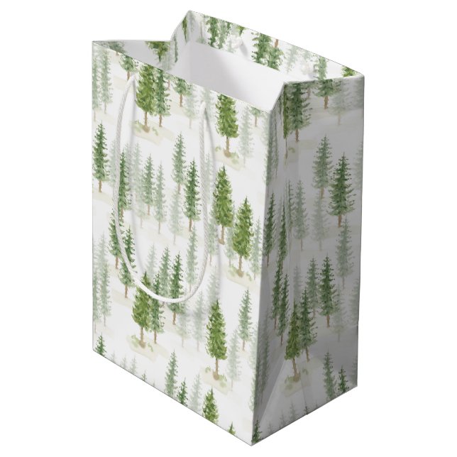Modern Watercolor Christmas Holiday Pine Trees Medium Gift Bag (Back Angled)