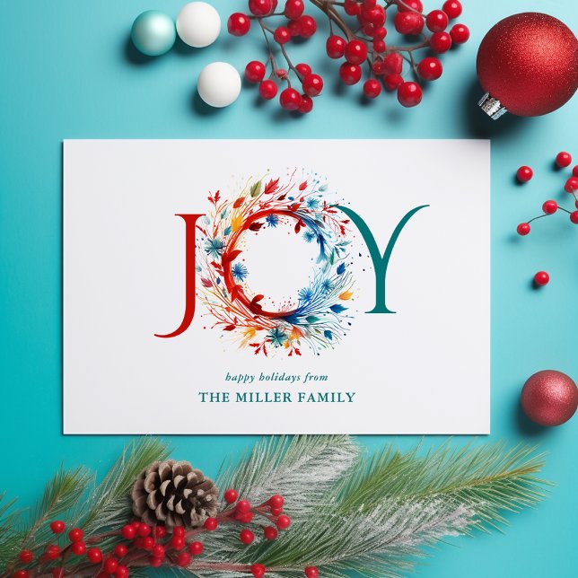 Modern Watercolor Christmas Joy Botanical Wreath Holiday Card (Creator Uploaded)