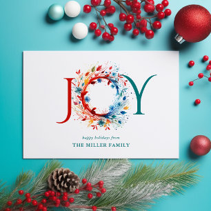 Modern Watercolor Christmas Joy Botanical Wreath Holiday Postcard