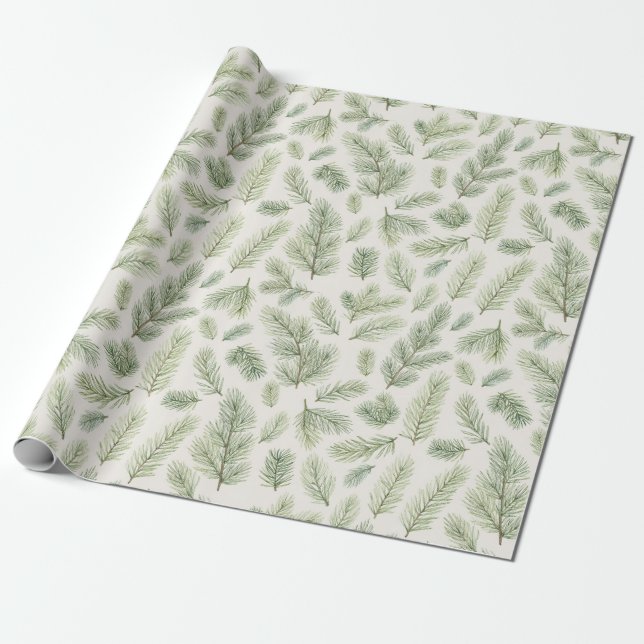 Modern Watercolor Christmas Pine Leaves Wrapping Paper (Unrolled)