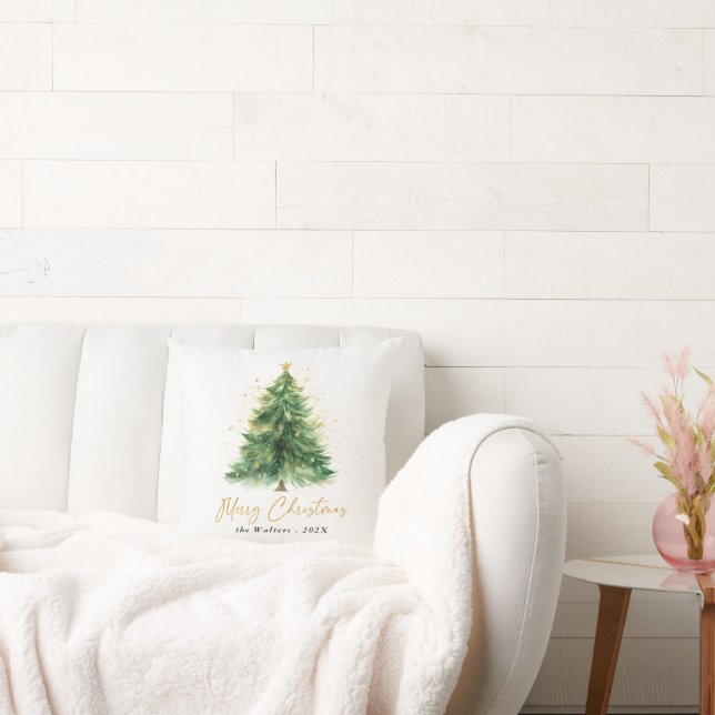 Modern Watercolor Christmas Pine Tree  Cushion (Couch)