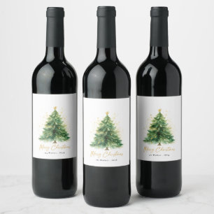 Modern Watercolor Christmas Pine Tree  Wine Label