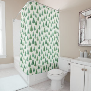 Modern Watercolor Christmas Pine Trees Seamless  Shower Curtain
