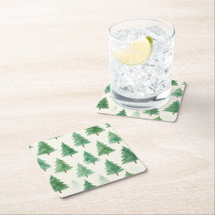 Modern Watercolor Christmas Pine Trees Seamless Square Paper Coaster