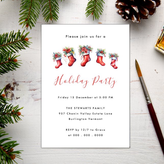 Modern Watercolor Christmas Stocking Holiday Party Invitation (Creator Uploaded)