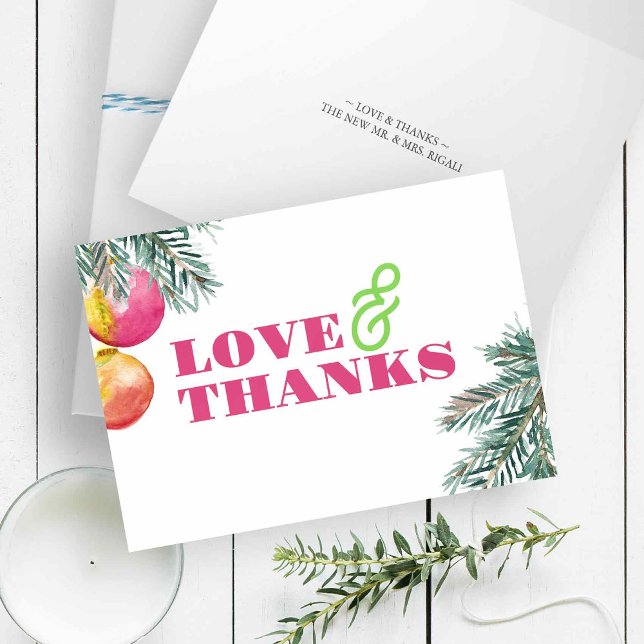 Modern Watercolor Christmas Thank You  Card (Folded Christmas thank you cards with watercolor pine boughs and pink baubles for pinkmas)